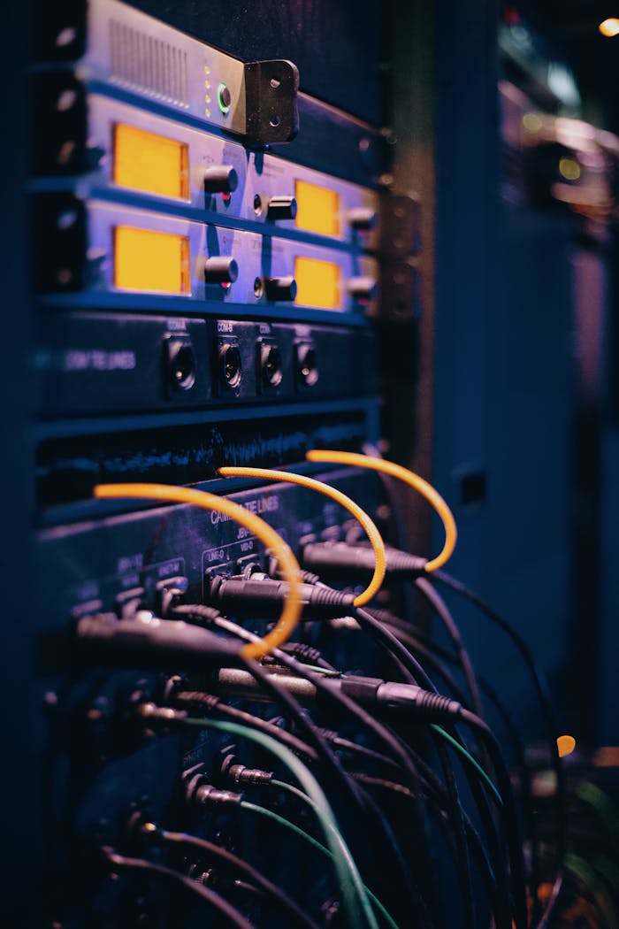 Services Close-up of network cables and ports in a server rack, showcasing connectivity.